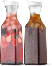 NETANY Plastic 50 Oz Water Carafe with Flip Top Lid, Set of 2 Square Base Juice 