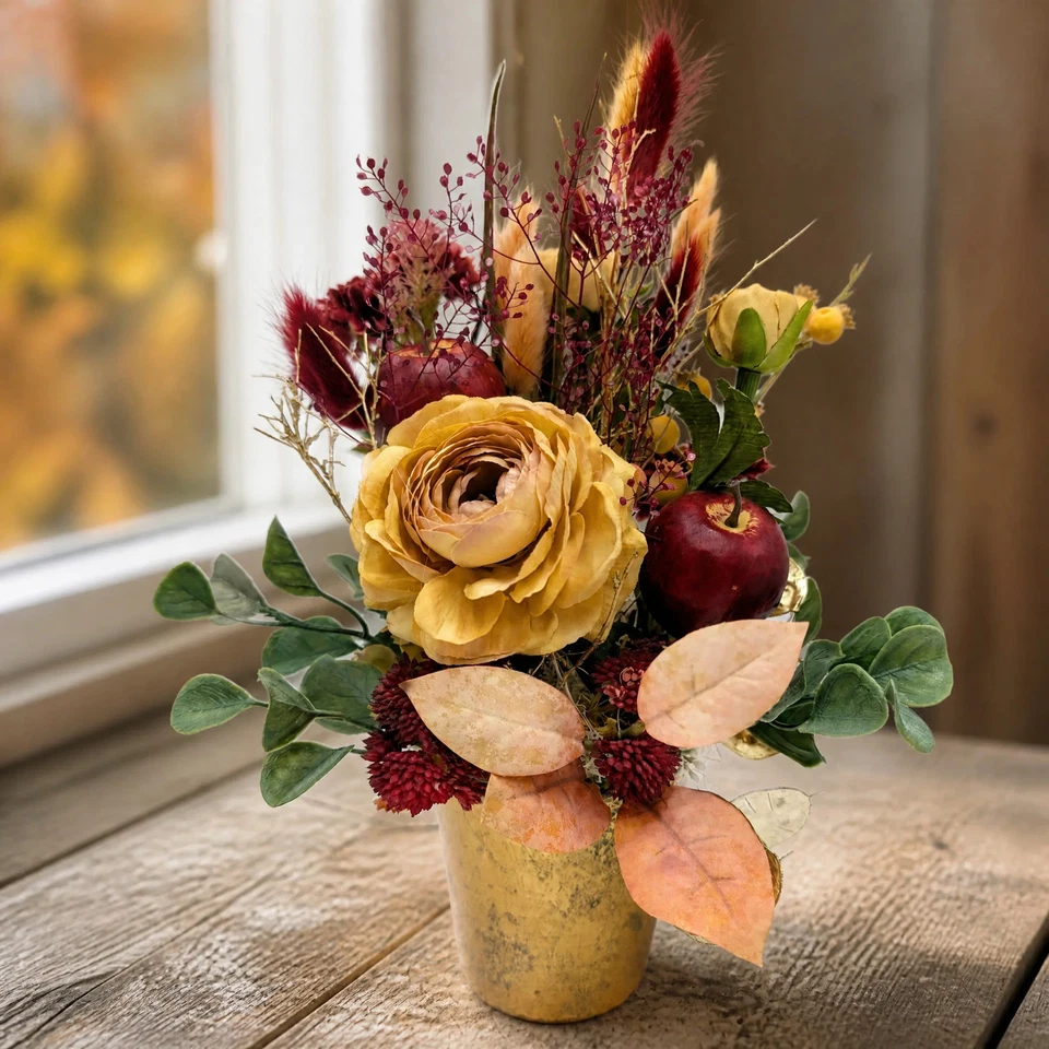 Arreglo de otoño Rose Sedum manzana hierbas beige burdeos - Imagen 1 de 4