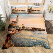 Lighthouse Bedding Twin Size 2 Piece Set Kids Teens Ocean Sunset Landscape Du...