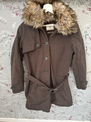 Aigle Woman s Parka Coat size 12 Buttoned With Fir Trimmed Hood Brown