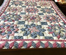 Vtg Blue Pink Multicolor Flower Geometric Quilted Patchwork Blanket 82 x 67
