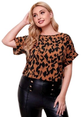 NWOT SHEIN SzM All Over Cheetah Animal Print Blouse Roll Cuff Short Sleeve Top