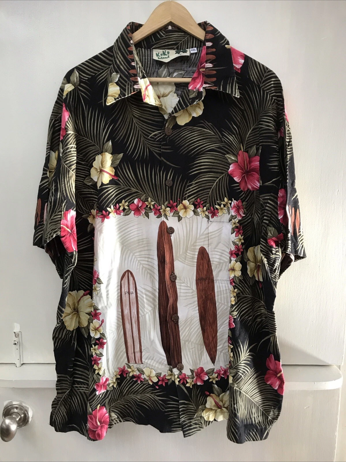 KoKo Island Men Button Up Shirt Floral Hawaiian Surf Surfboards Short Sleeve XXL