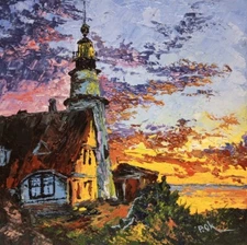 Lighthouse Original Oil Painting Landscape Sunset Palette knife Fine Artwork