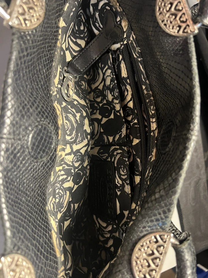 BRIGHTON Black Leather Snake Embossed Satchel Shoulder Bag Purse Silver Accents  - Image 3 of 4