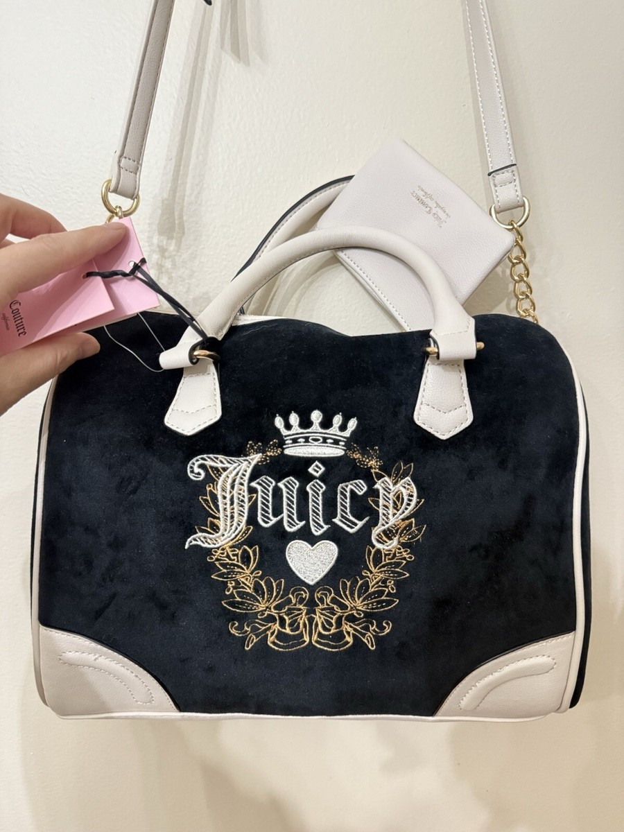 Juicy Couture Velour Heritage Satchel Purse Bag Black White  display picture 3