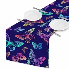 Table Runner Rainbow Butterflies On Blue Background Cotton Linen 13x72 Inch