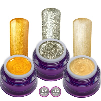 Farbgel Set Gold Glitter Effekt Nail Art Nagel Design French 3x5ml LED UV Gel