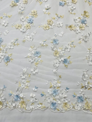 Off white Multi color 3d floral Daisy design embroider with pearls mesh lace 52''