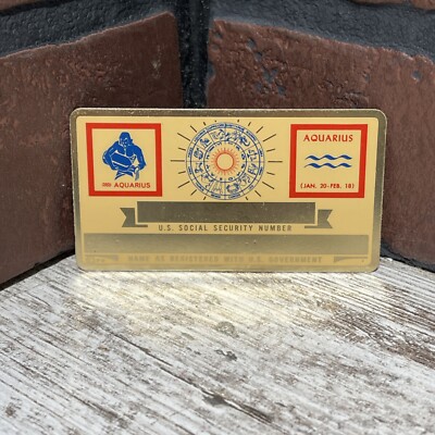 Vintage Metal Aquarius Zodiac Sign Social Security ID Card Name Plate
