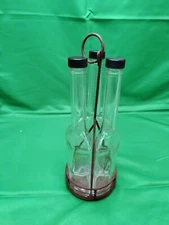 VINTAGE MODERNIST GLASS CONDIMENT OIL BOTTLE DISPENSERS SET 3 BOTTLES STAND TRIO