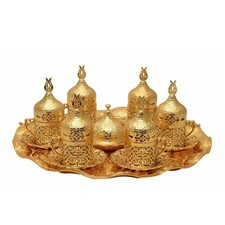 Ottoman Turkish Gold Metal Tea Coffee Saucers Cups Tray Set 