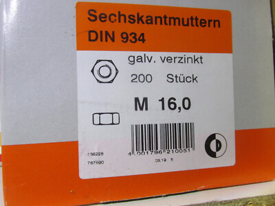 Sechskantmutter M16 Packung verzinkt 200Stück DIN934 / Aktion H2Breg3