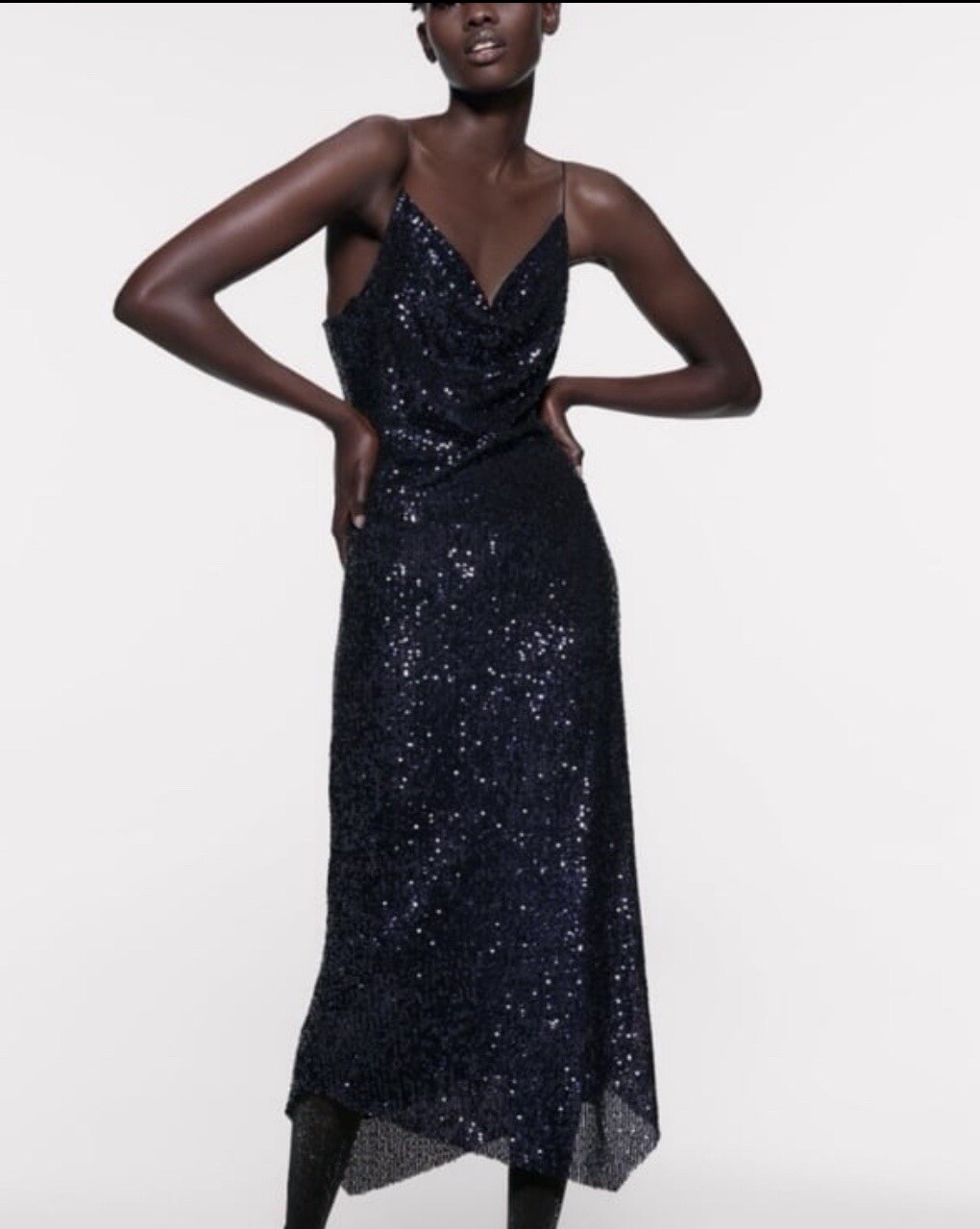 ZARA NAVY BLUE SEQUIN BODYCON COWL NECK MAXI DRESS WITH SLIT XS