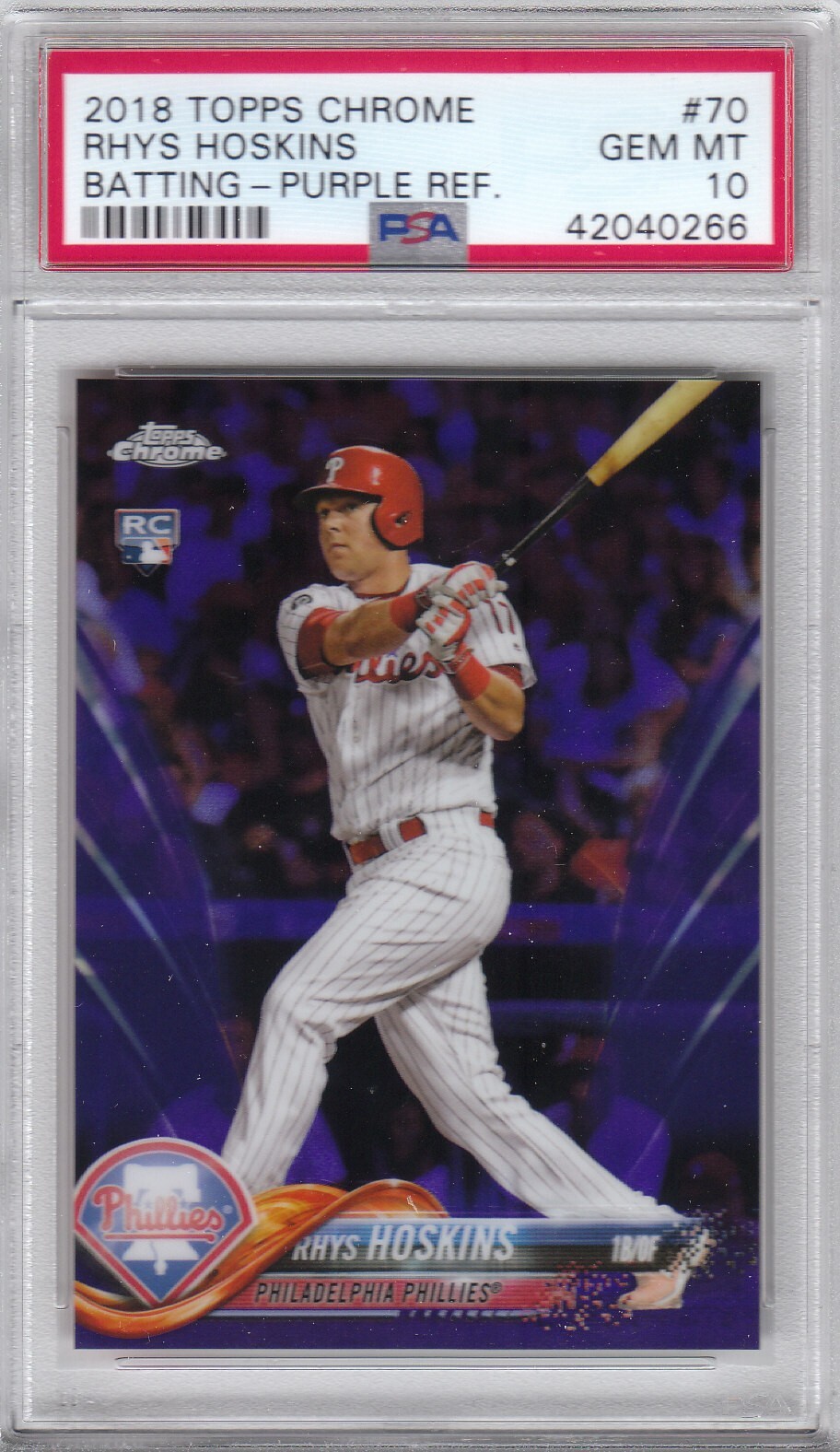 2018 Topps Chrome Phillies Rhys Hoskins Purple Refractor RC Card #70 /299 PSA 10