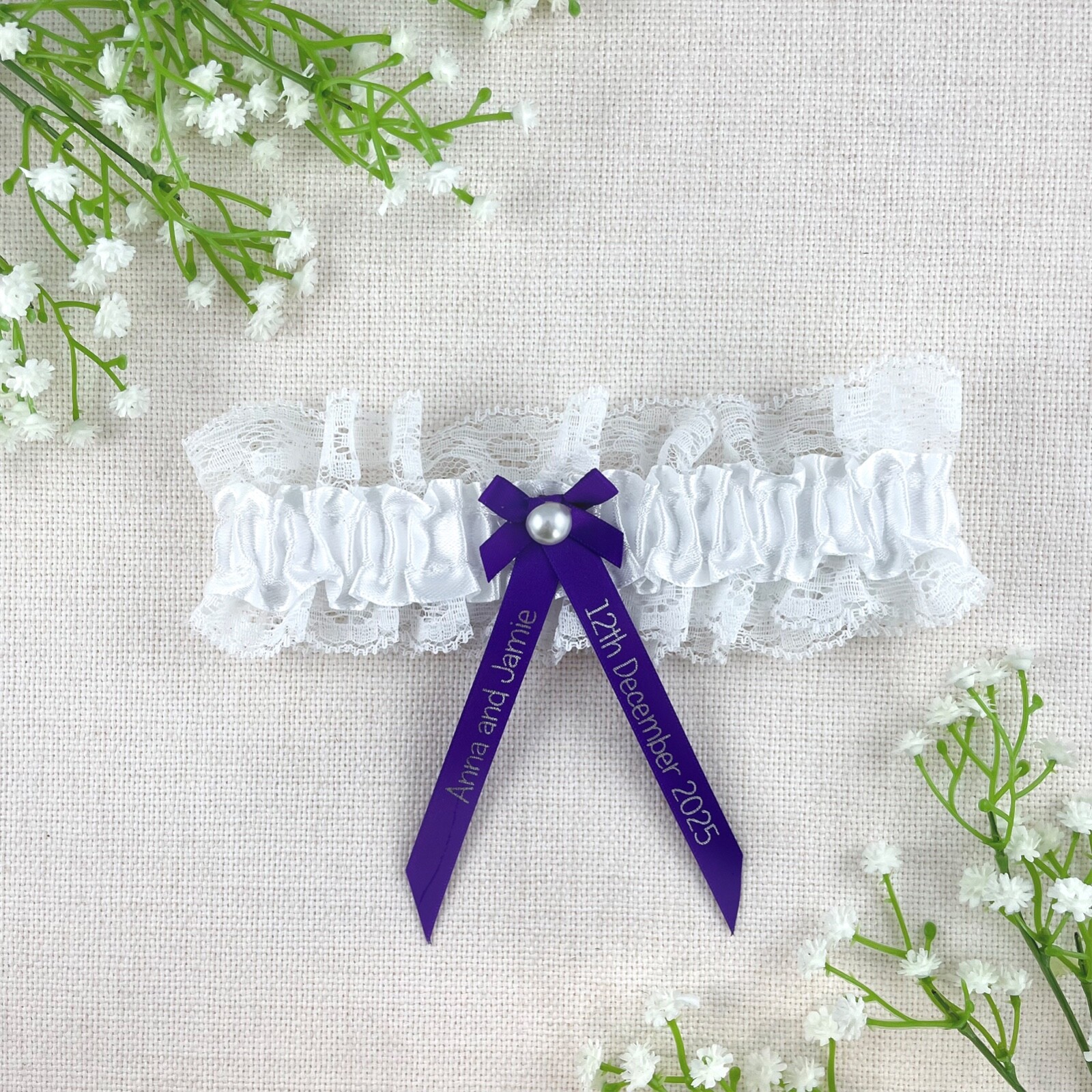 Personalised Garter - Purple with Silver Text - Wedding Bride Lace Hen Party