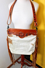 Myra Womens Western Cowhide Purse Fringe Large Brown Handtooled 14 X 14 X 4 In