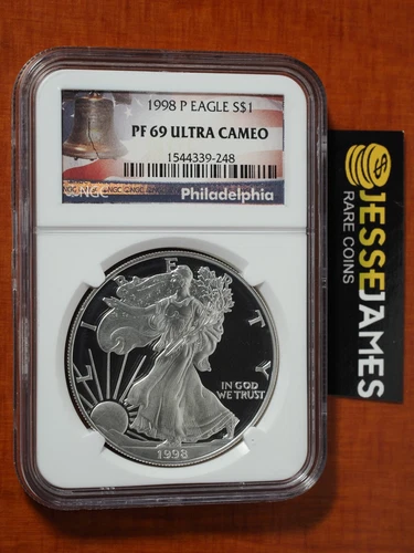 1998 P PROOF SILVER EAGLE NGC PF69 ULTRA CAMEO LIBERTY BELL LABEL