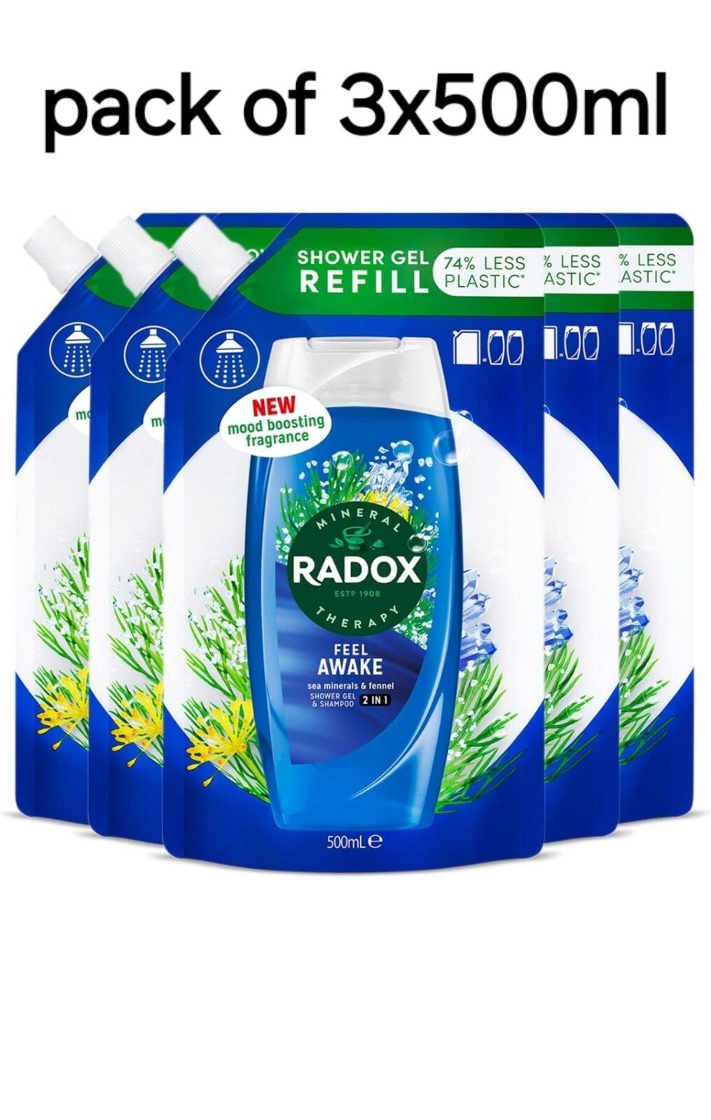 Radox Mineral Therapy Feel Awake 2-in-1 Shower Gel & Shampoo Refill Pouch - 500ml - 10 Pack - Image 2