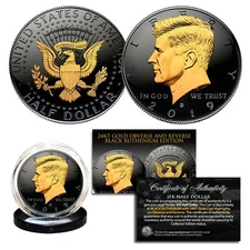 2019 Black RUTHENIUM JFK Half Dollar U.S. Coin 2-SIDED 24K Gold (D-MINT)