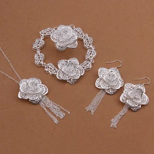 wedding cute nice silver Fashion Women flower Earring Bracelet Ring Necklace Set