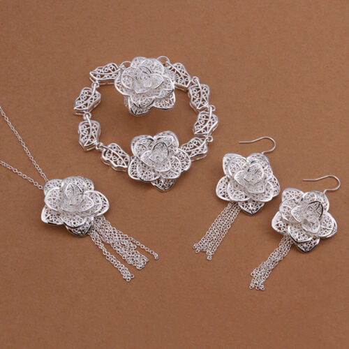 wedding cute nice silver Fashion Women flower Earring Bracelet Ring Necklace Set - Picture 1 of 1