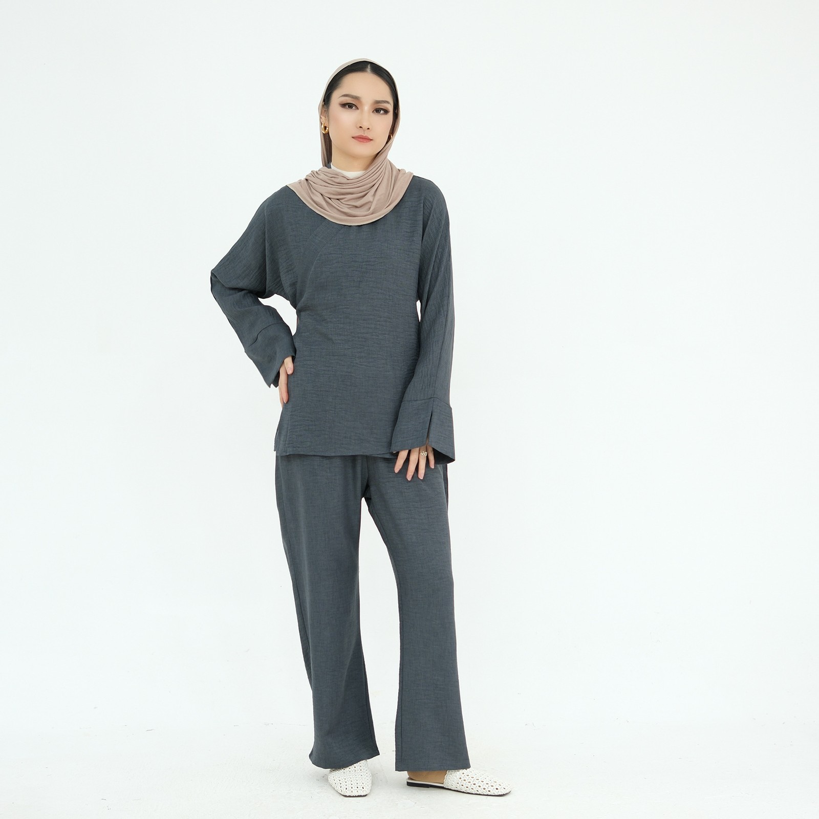 2Pcs Sets Muslim Women Dubai Blouse Top Wide Leg Pants Abaya Kaftan Ramadan Arab image 6