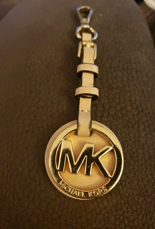 Michael Kors  Gold  MK Logo Buckle Taupe Smooth Leather Loop Hang Tag  Bag Charm