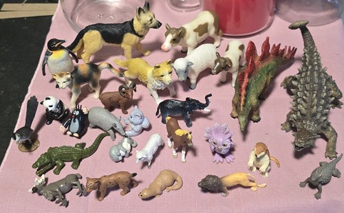 Vintage lot of 27 Mixed Plastic Animal & Dinosaur Toy Figures Some Hand Painted