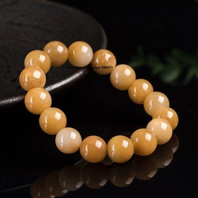 Natural Grade A Jade 13mm Yellow Chinese Jade Bead Stretch Bracelet 16-18cm