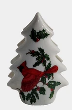 VTG LEFTON CHINA NAPKIN Letter HOLDER PORCELAIN CHRISTMAS TREE RED CARDINAL  4"