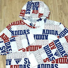 Adidas Hoodie Shirt Youth XL White Red Blue All Over Logo Long Sleeve Graphic