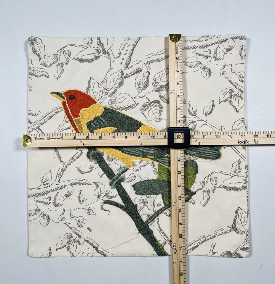 Pottery Barn Pillow Cover Embroidered Bird Applique Botanical Toile Button Throw - Image 4 of 4