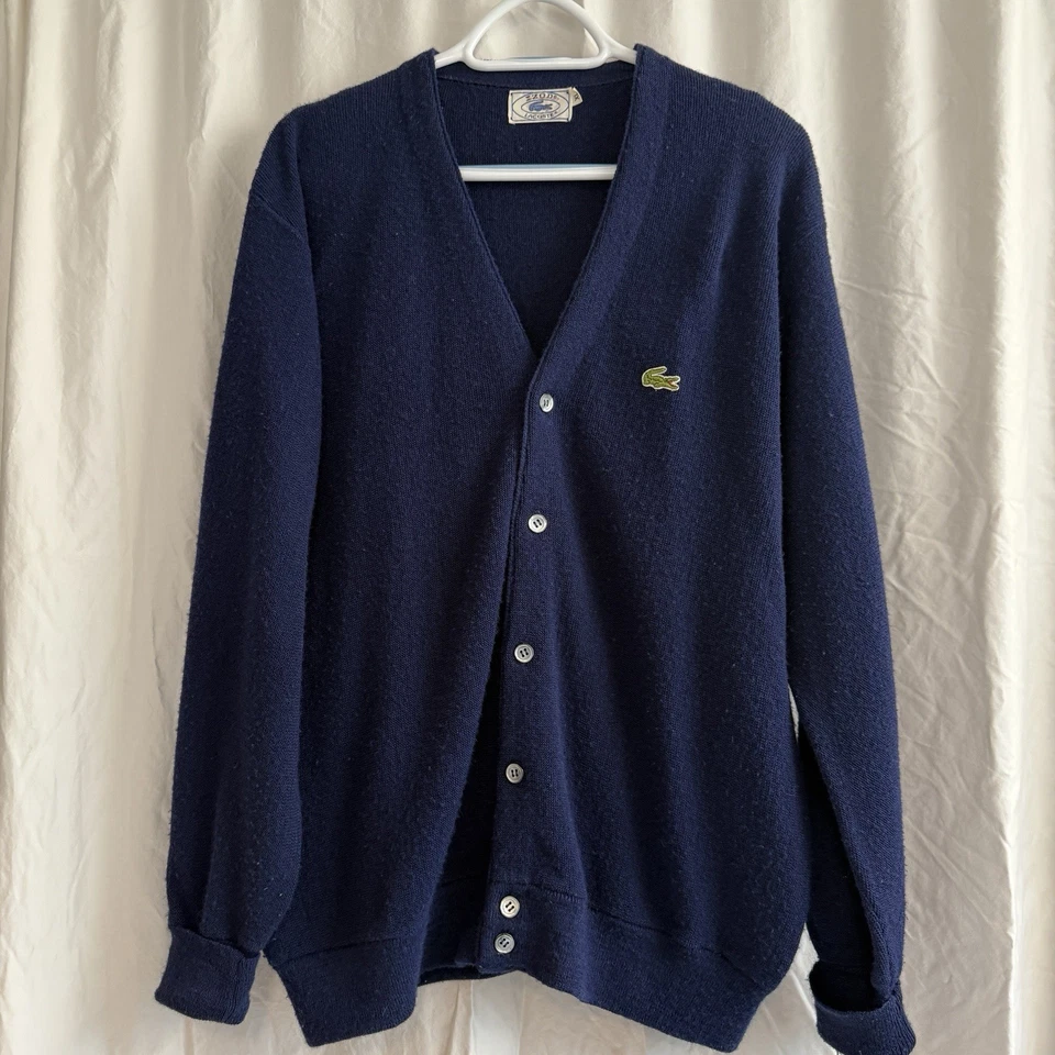 IZOD Lacoste 男式开衫毛衣开衫海军蓝 Orlon 丙烯酸尺寸 XL 复古 — 第 2/4 张图片
