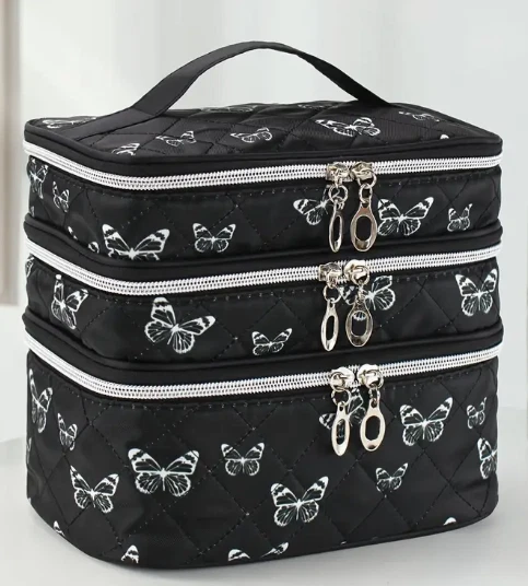 COSMETIC/TRAVEL BAG-Nylon Cosmetic Bag, Large Capacity 3-Layer Makeup Organizer