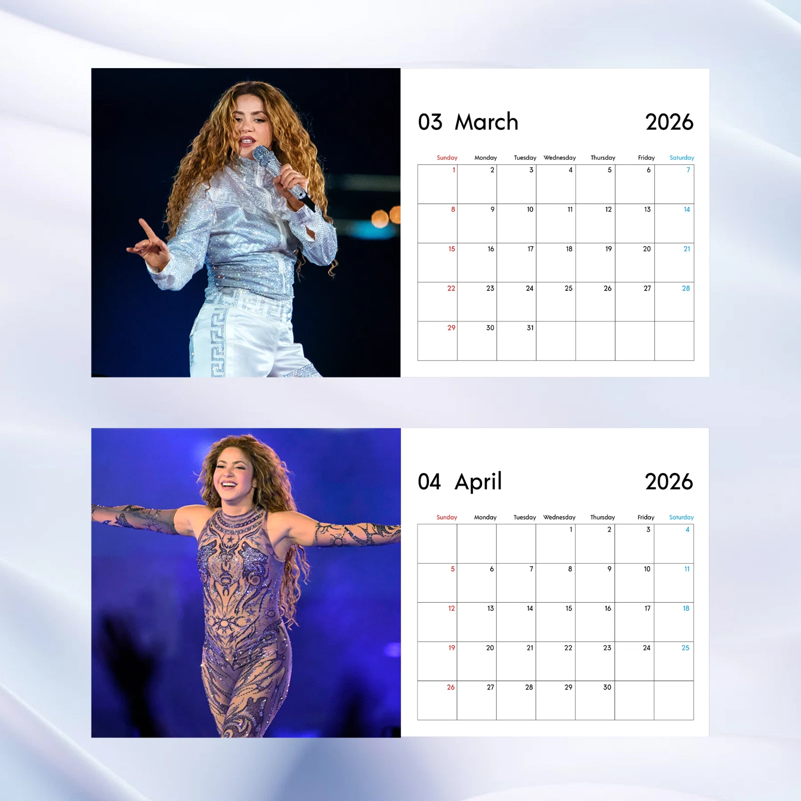 Shakira 2026 Calendar, Vibrant Stage Photos, Latin Pop Music Fan Gift