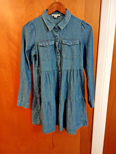 American Eagle Fit Flare Blue Chambray Denim Dress Long Sleeve Button Up Size XS