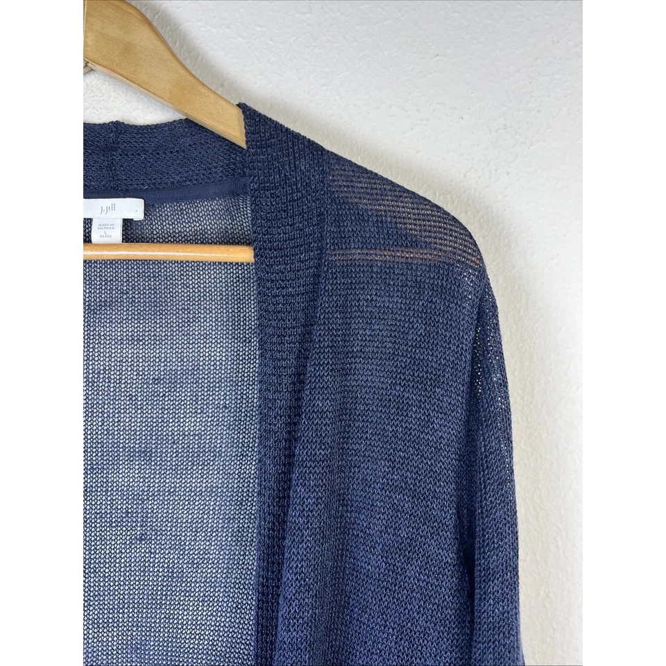 J. Jill Long Cardigan Sweater Large petite Open Front Blue Linen Blend Duster - Image 2 of 4