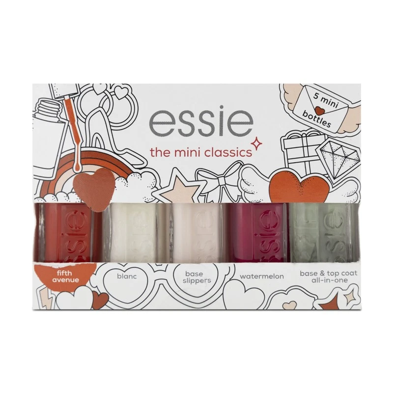 Essie Nail Polish Set 5 x 5ml The Mini Classics Red white Pink Top/Base Coat