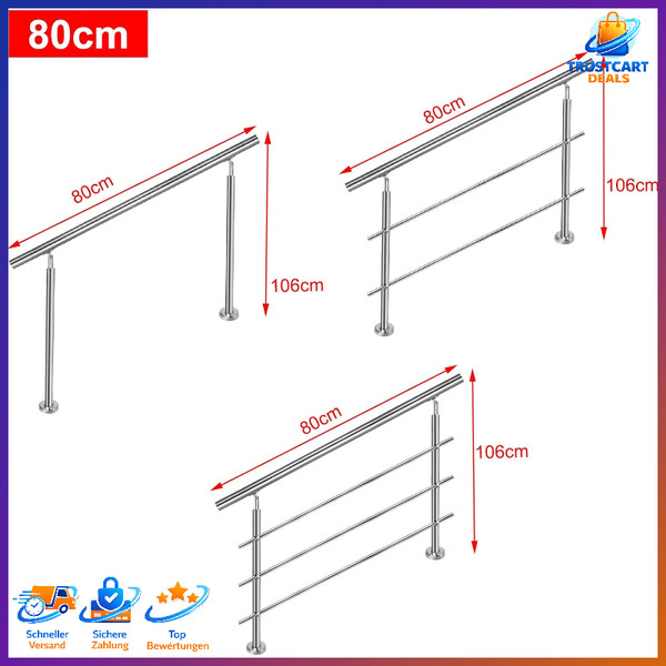 Edelstahl Handlauf 80Cm TreppengeläNder Innen AußEn Mit 2 Pfosten FüR Balkon-image