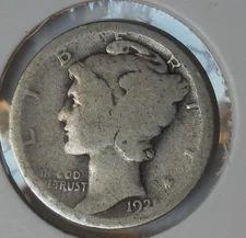 1921 . Mercury Dime . AG . About Good . Simi-Key .