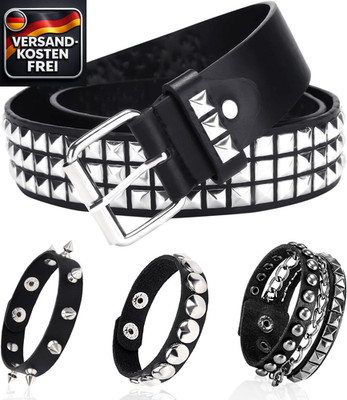 Punk Rock Gürtel Set Damen Herren mit Nietenarmband 4-teilig für 80er Party Hall