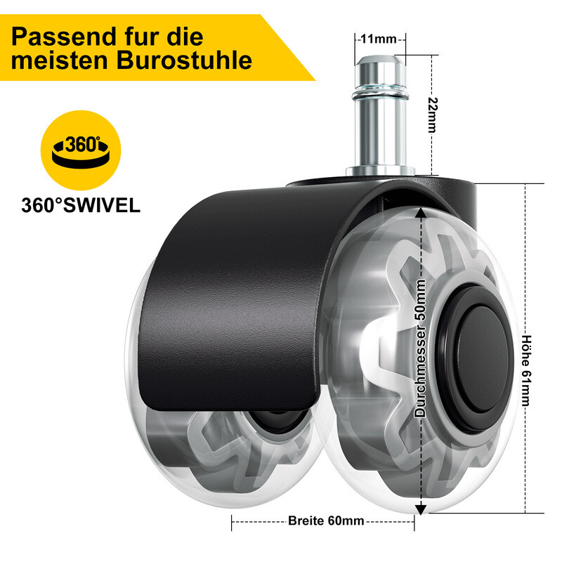 Hartboden Stuhlrollen 11x22 Mm Stift - Bürostuhlrollen In Ungebremst - Foto 5