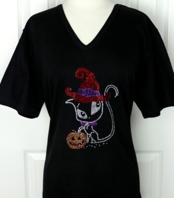 1X 2X or 3X Short or 3/4 Sleeve Rhinestone Sly Mischievous Witch Hat Cat Pumpkin
