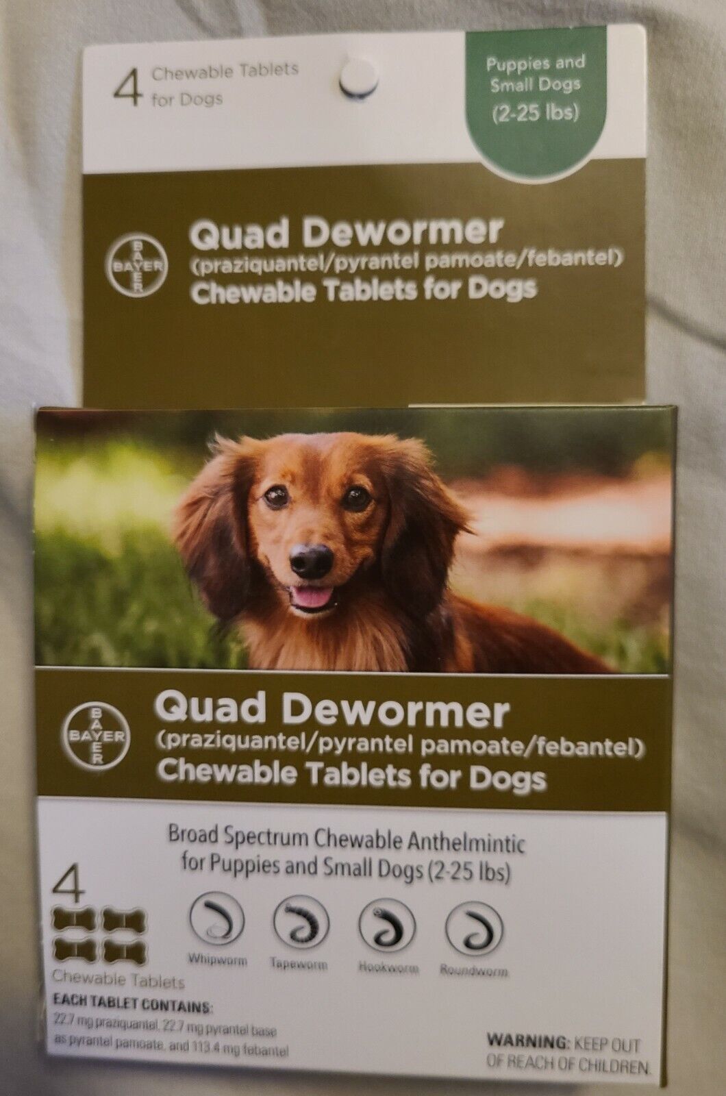 Bayer Chewable Quad Dewormer Small Dogs, 2-25 lbs 4 Chewable Tablets Exp 1/2023+