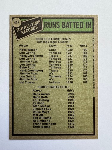 1979 Topps #412 All-Time RBI Leaders HOFers Hank Aaron, Hack Wilson - Picture 2 of 2