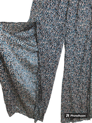 Sz M BCBGeneration Elastic Waist Wide Leg SLIT Long Pants Flowy Flared Blue Boho