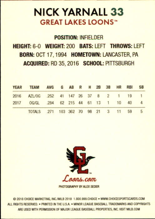 2018 Great Lakes Loons Choice #30 Nick Yarnall Lancaster Pennsylvania PA Card