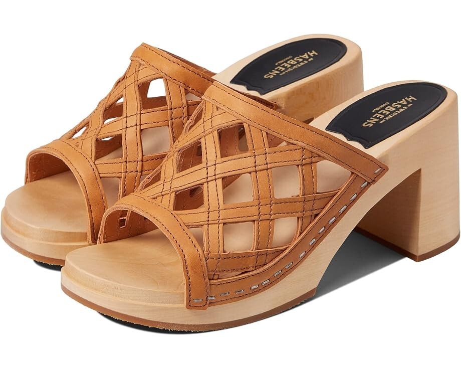 Swedish Hasbeens Basket Clog Women's Brown Leather Slip-On Block