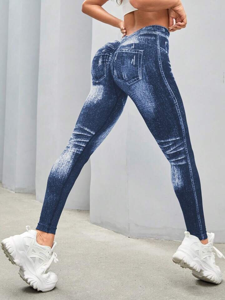Women's V Back Scrunch Butt Jean Look Jeggings Stretchy High Waist Workout Pants